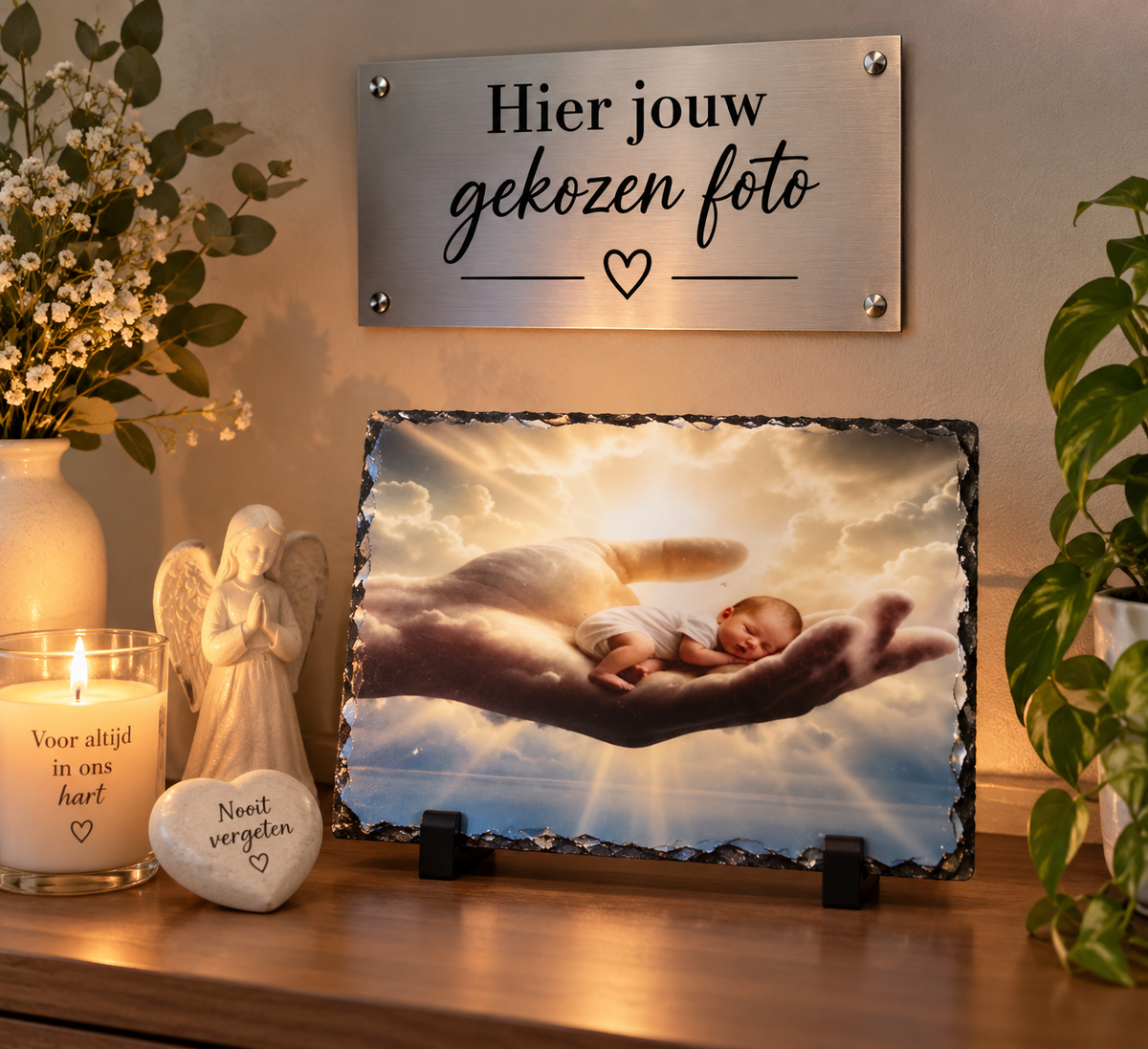 combinatie van herdenkingssteen op leisteen en foto op aluminium